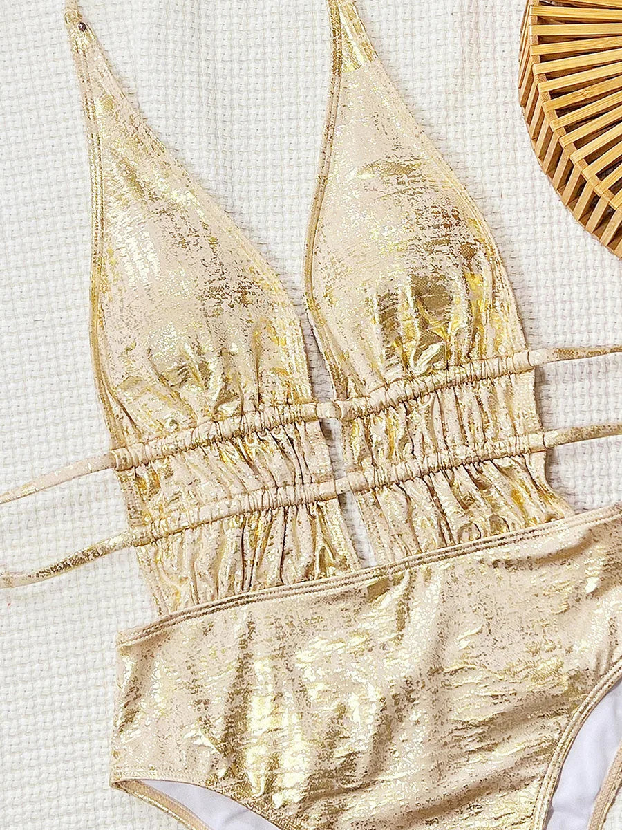 Shiny Deep V Neck Halter One Piece Swimsuit Women Swimwear Female Scrunch Butt Monokini Backless Bather Bathing Suit Swim Lady