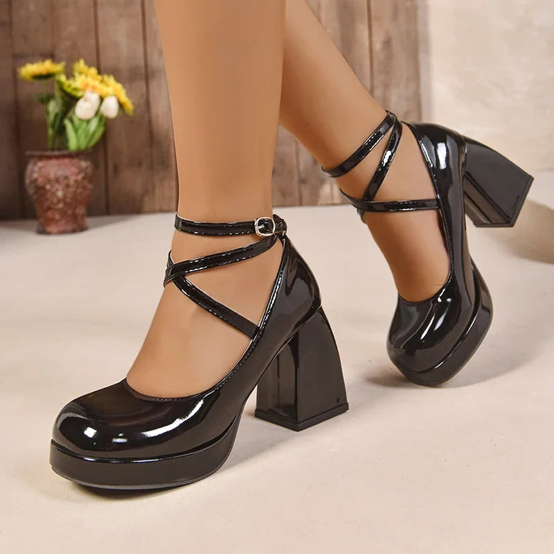 Fashion Ankle Wrap Thick High Heels Pumps Women Elegant Round Toe Platform Mary Jane Shoes Woman Patent Leather Pumps Ladies