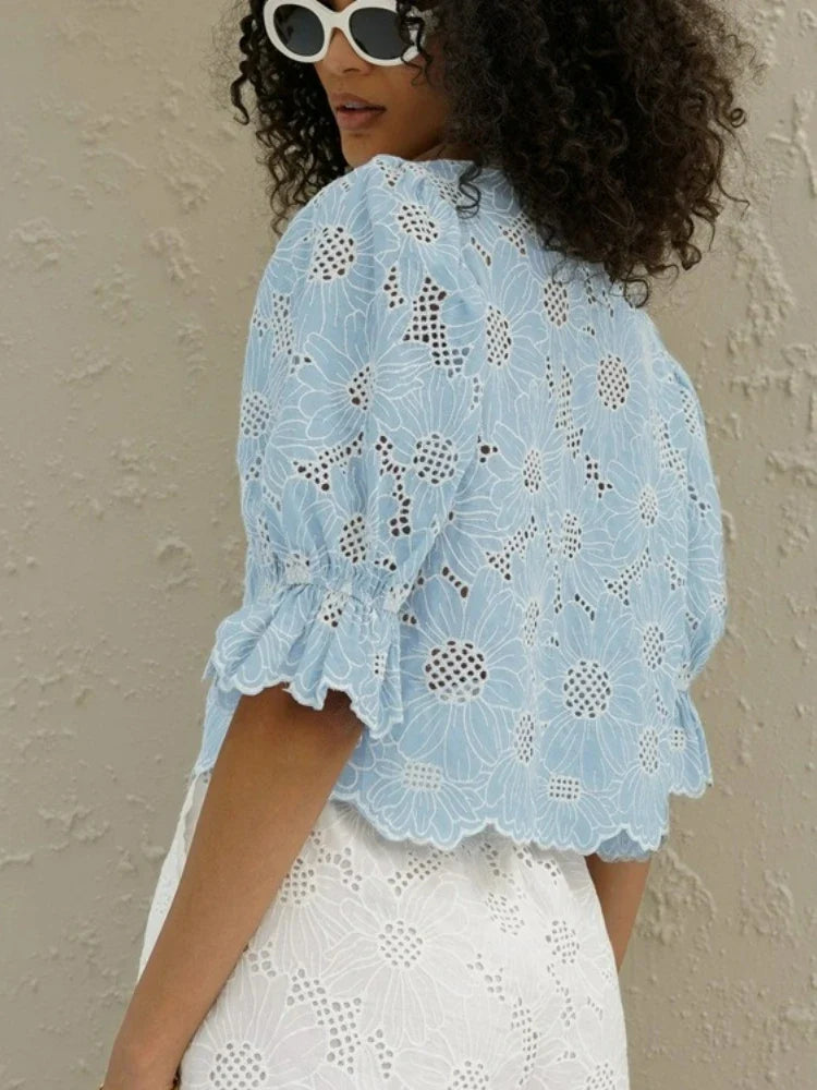 FFDYOUI Woman Clothing Embroidered Shirts Blue High Green Ladies O-neck Single Breasted Half Sleeve Cropped Tops Fashion Shirt