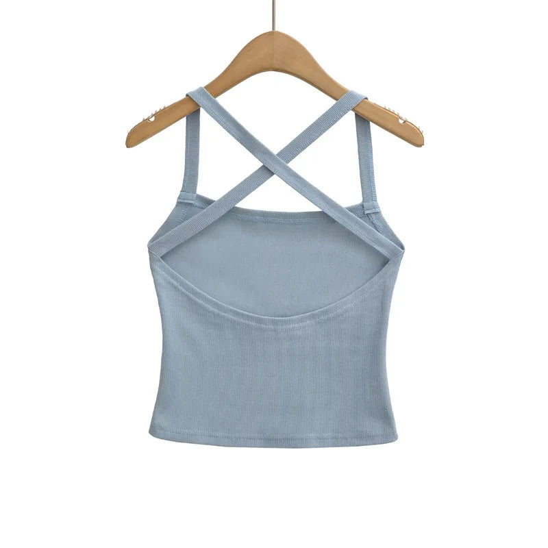 Solid Color Sexy Back-Cross-Strap Tank Top For Women New Summer Slim-Fit Short Outerwear Base Top Pure Desire Casual Style 56ZA