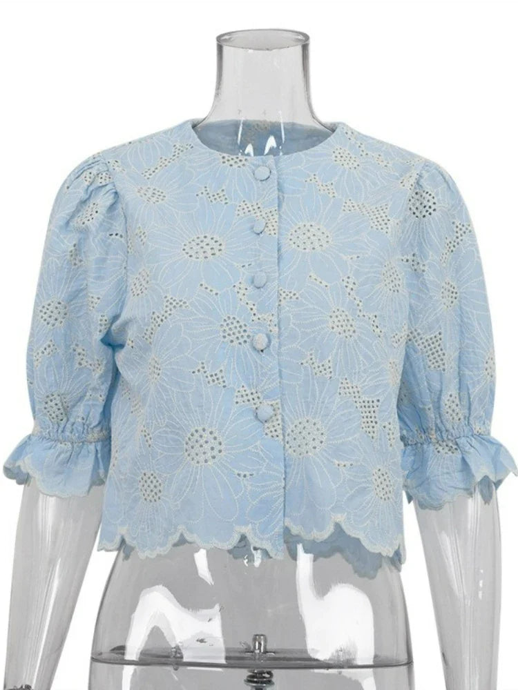 FFDYOUI Woman Clothing Embroidered Shirts Blue High Green Ladies O-neck Single Breasted Half Sleeve Cropped Tops Fashion Shirt