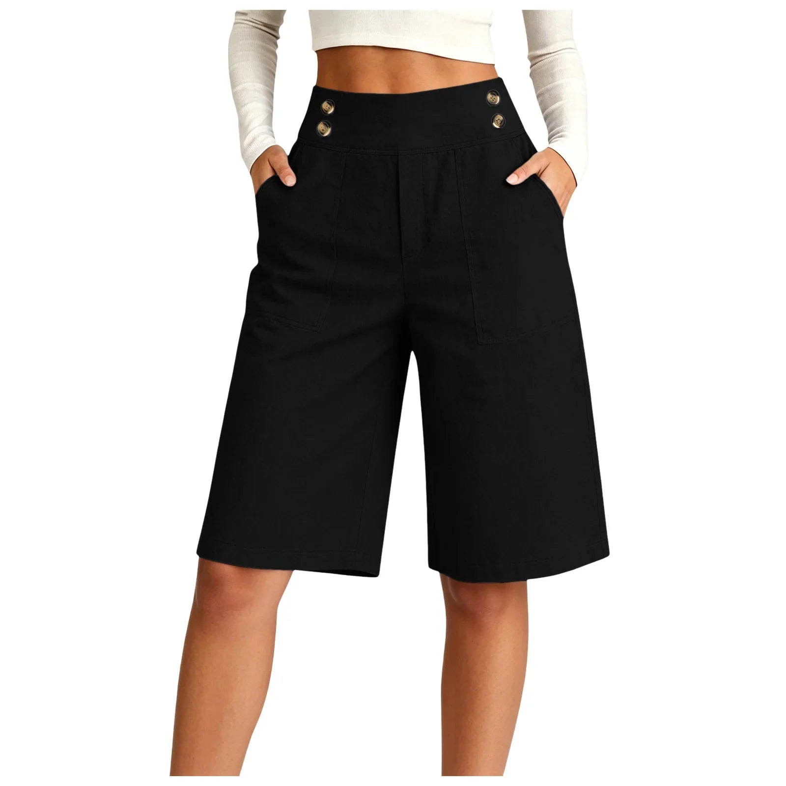 Women's High Waist Cotton Linen Bermuda Shorts Double Breasted Wide Leg Casual Shorts With Pockets Loose Fit Office Summer Short