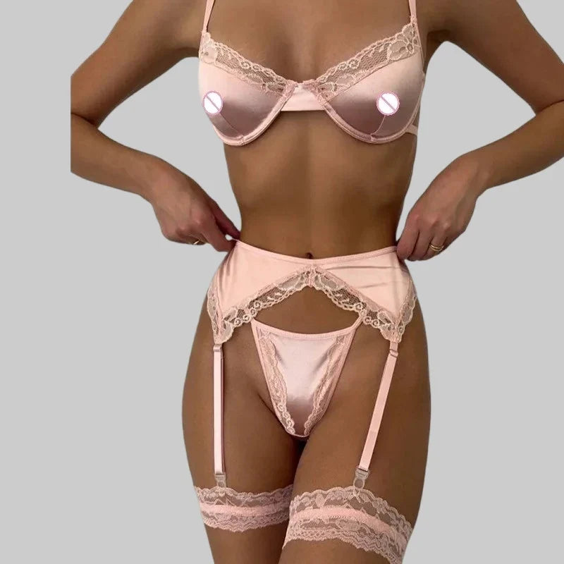 Toucheart 4PCS Patchwork Sexy Interesting Underwear Thong Set Slim Backless Lace Up Hollow Out  Floral Mesh Sexy Underwear Set