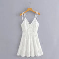 Foridol White Lace Sleeveless Summer Dress Women Hollow Out Embriodery Sundress Casual Button Beach Boho Vintage Short Dress
