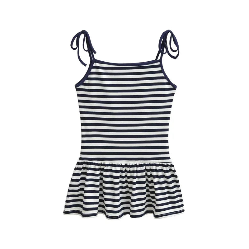 Sweet Double-shoulder Strap Striped Color-block Camisole For Women Unique Design Patchwork Pure Desire Dress Elegant Casual WIKO