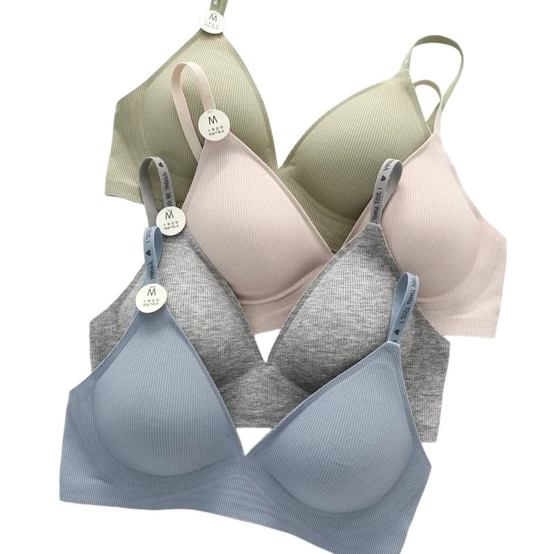 Plunge Non-wire Triangle Cup Bra Women's Invisibale Underwear Letter Straps Ribbed Bralette Sexy Lingerie Sleep Intimates S-XL
