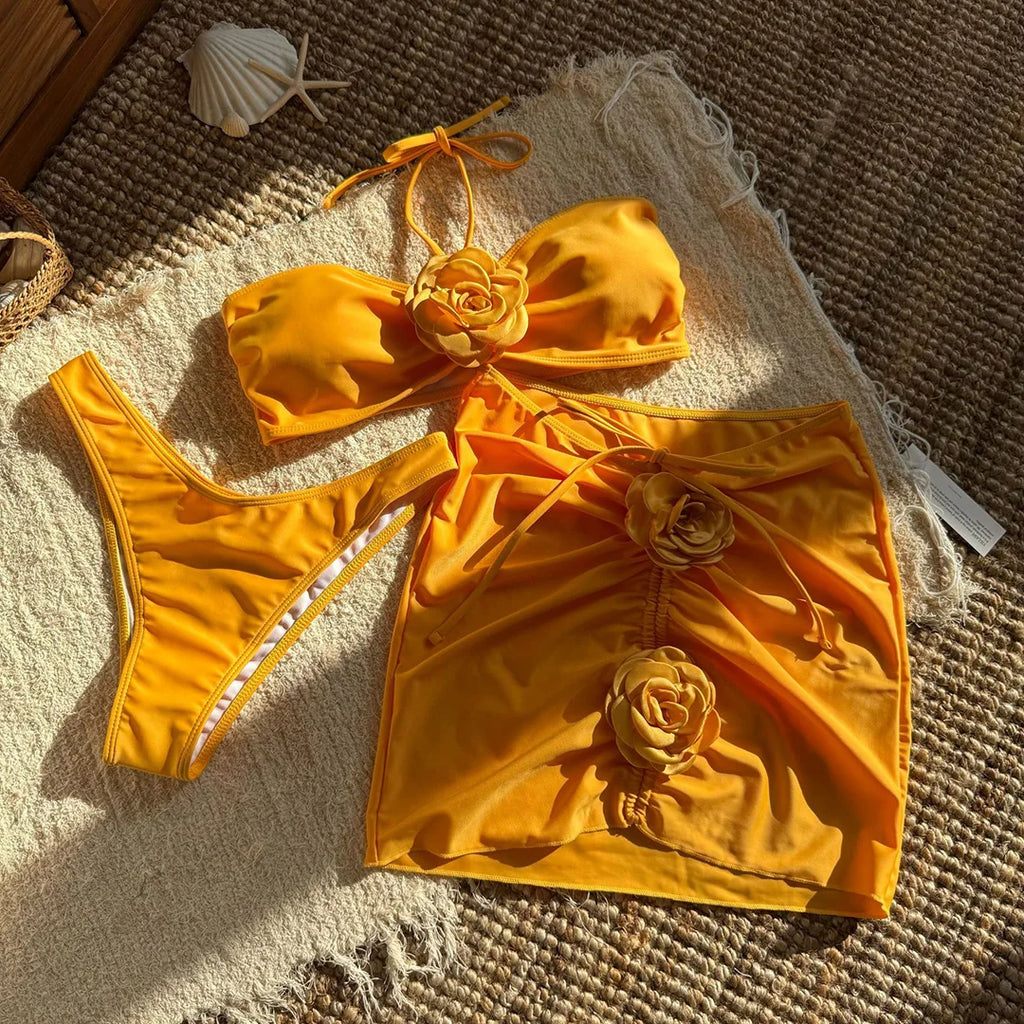 New 3D Flowers With Skirt Brazilian Bikini Women Swimwear Three-pieces Bikini set Female Swimsuit Bather Bathing Suit Swim V5755