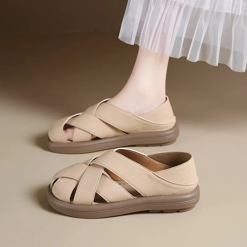 2026 Summer Flat Shoes Women Cross  Hollow Out Breathable Sandals Ladies Soft Sole Slip On Casual
