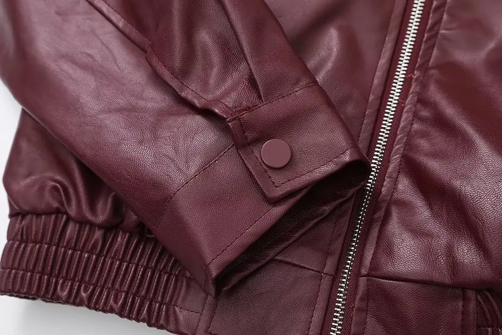 Foridol Wine Red Vintage Faux Leather PU Coat for Women Long Sleeve Turn Down Collar Zipper Autumn Winter Coat Jacket