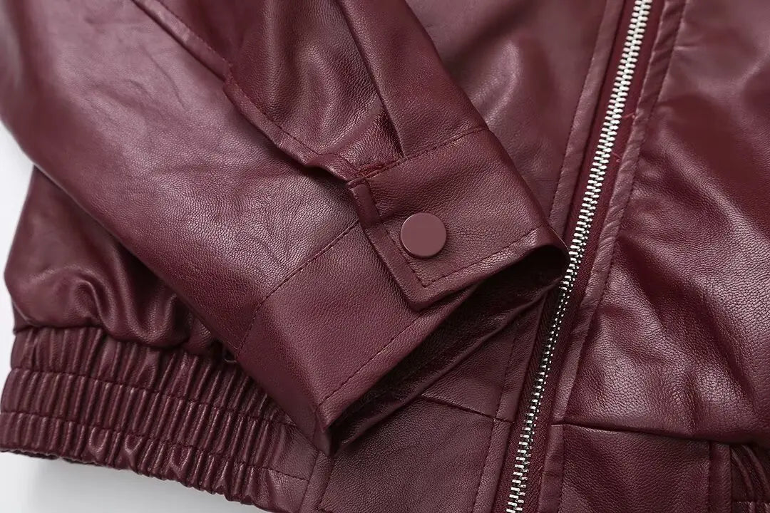 Foridol Wine Red Vintage Faux Leather PU Coat for Women Long Sleeve Turn Down Collar Zipper Autumn Winter Coat Jacket