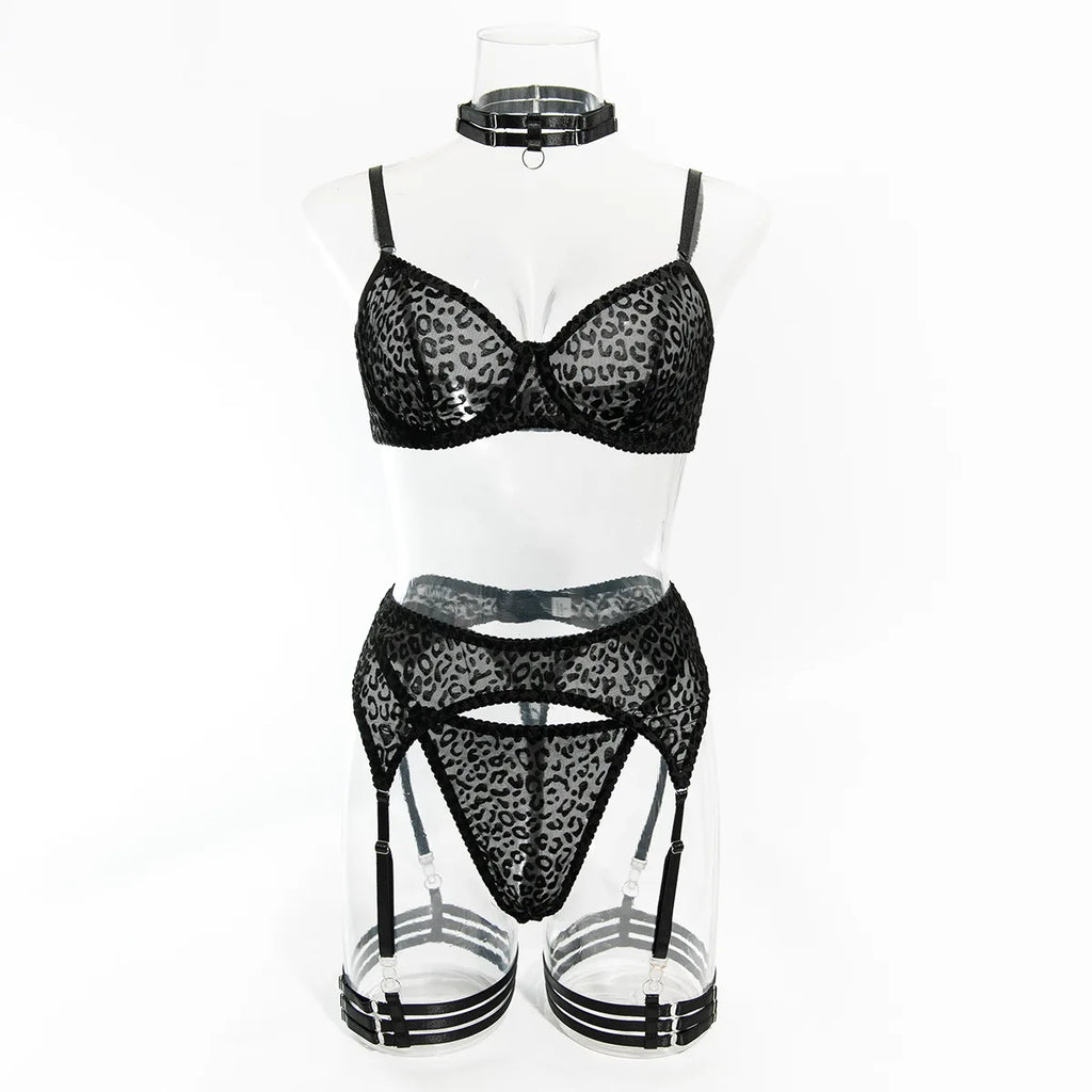 Toucheart 5-Piece Suit Sexy Underwear Suit Flocked Leopard Print Fashionable Hollow Sexy Lingerie Women Perspective Underwear