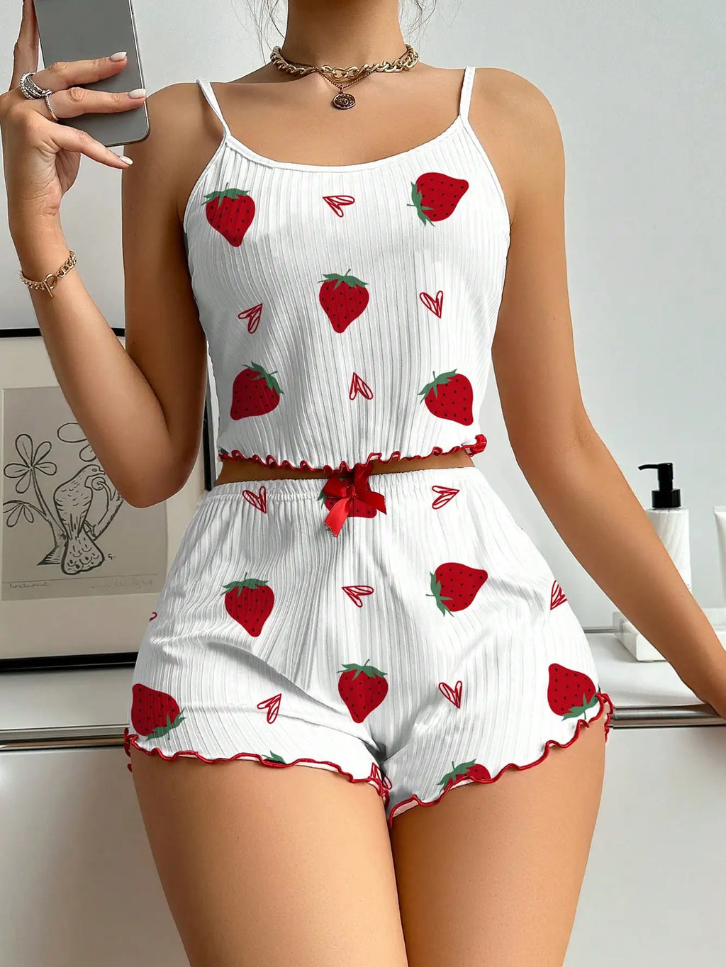 Summer Sleepwear Women's Camisole Strawberry Printing Casual Vest Tops and Shorts  2 Pieces Pajamas Set Loungewear