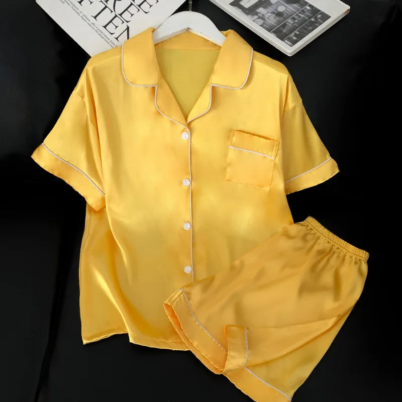Sweet Simple Ice Silk Pajamas for Women  Thin Short-sleeved Home Clothes Suit Nightwear Women's Pajamas Set Nightie Summer