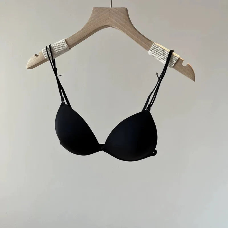 Front Closure Bra French Style, Thin Straps Triangle Cup for Small Chest, Beautiful Back Seamless Bralette, Lightweight Wireless