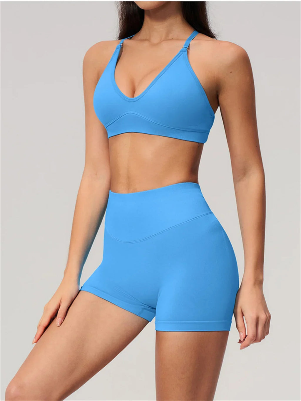 Seamless Yoga Excersize Sets Women Cross Back Sports Bra Tracksuit Workout Clothes High Waist Hip Lifting Shorts Fitness Suits