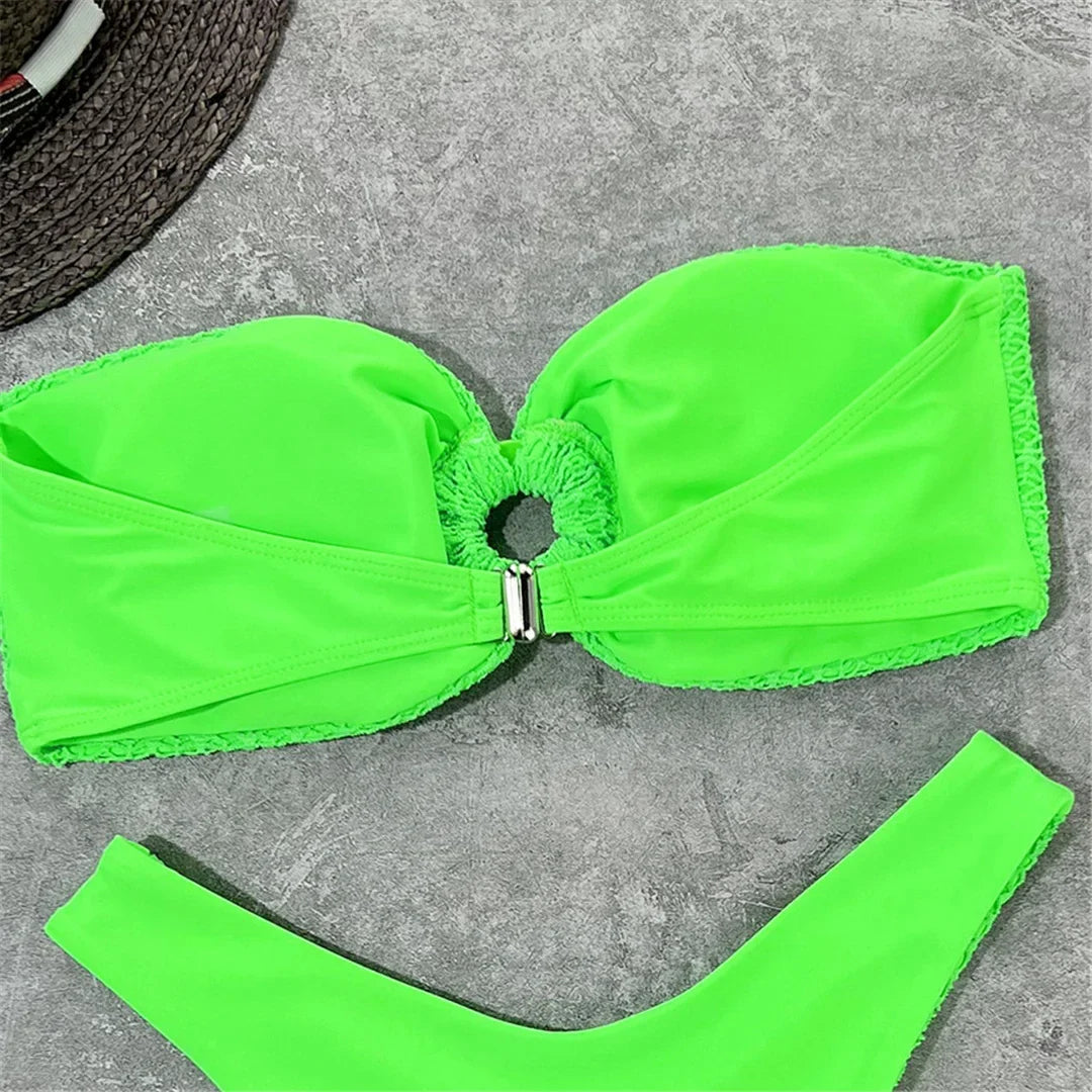 Wrinkled Bandeau High Cut Bikini Women Swimwear Female Swimsuit Two-Pieces Bikini Set Strapless Bather Bathing Suit Swim V3367