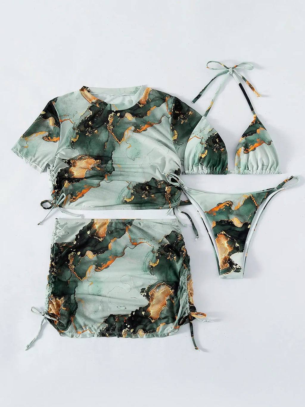 4 Pieces Halter Bikini Swimsuit With Marble Print Cover Up 2026 Swimwear Female Beachwear Bathing Swimming Suit Women Summer