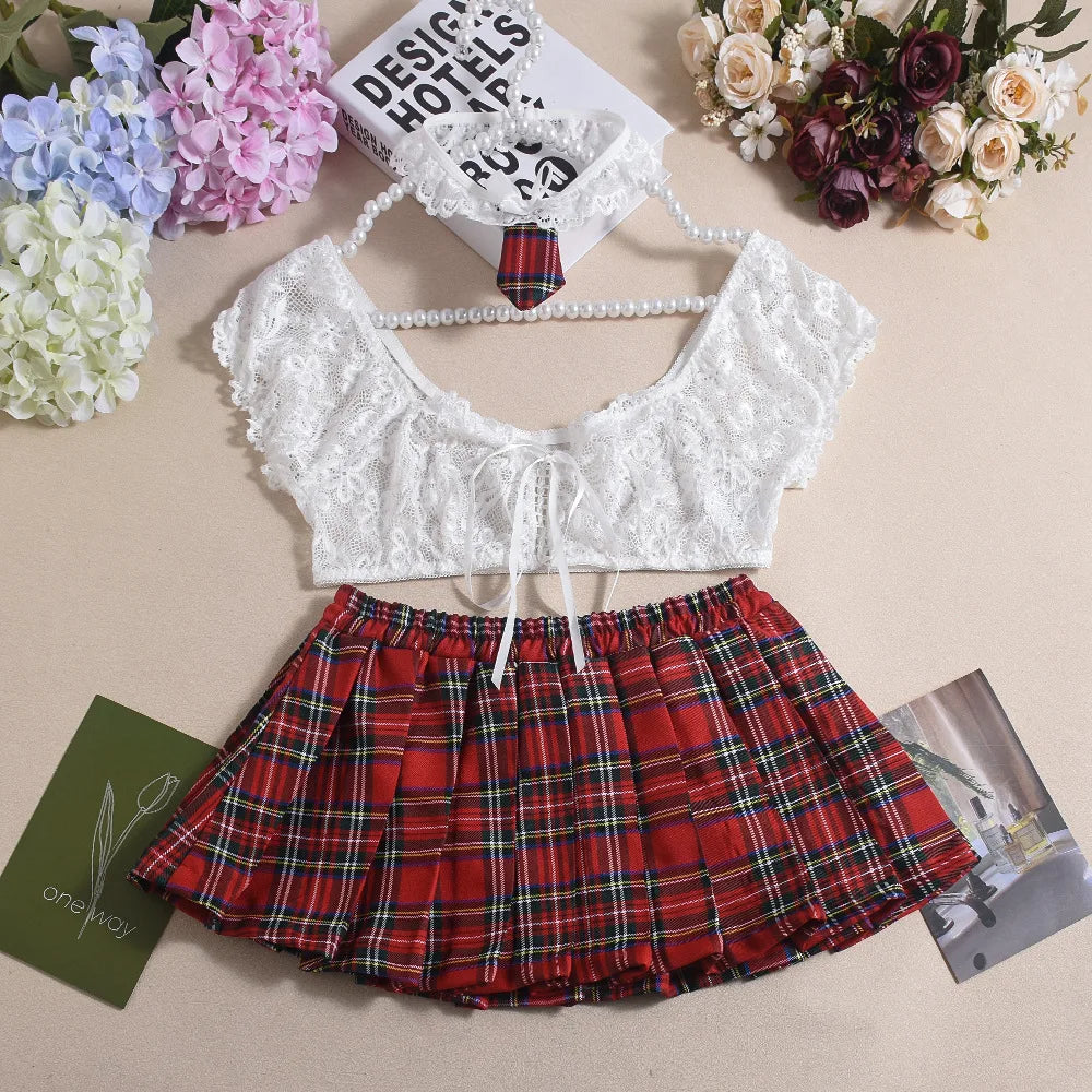 Toucheart Sexy Lingerie Suit for Women Lace Mesh See-through Lace Up Top Plaid Pleated Skirt Halter Women's Underwear Set New