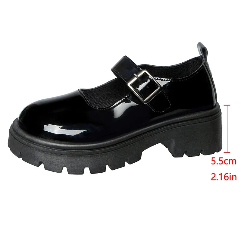 Patent Leather Thick Sole Mary Jane Shoes Women 2025 Ankle Buckle Platform Pumps Woman Round Toe High Heel Lolita Shoes Female