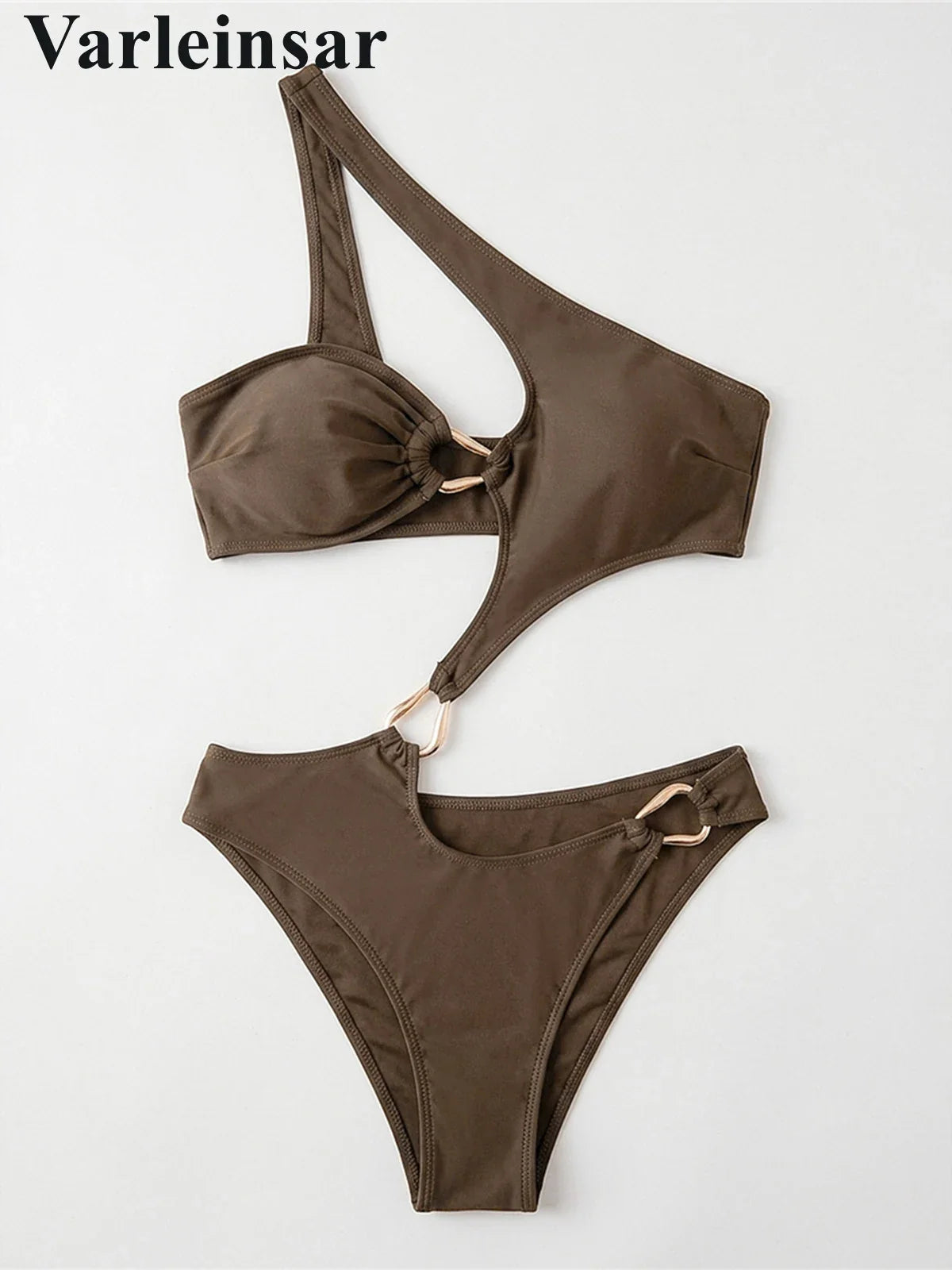 Asymmetric One Shoulder Cut Out One Piece Swimsuit Women Swimwear Female Metal Ring High Cut Leg Bather Bathing Suit Swim V8265