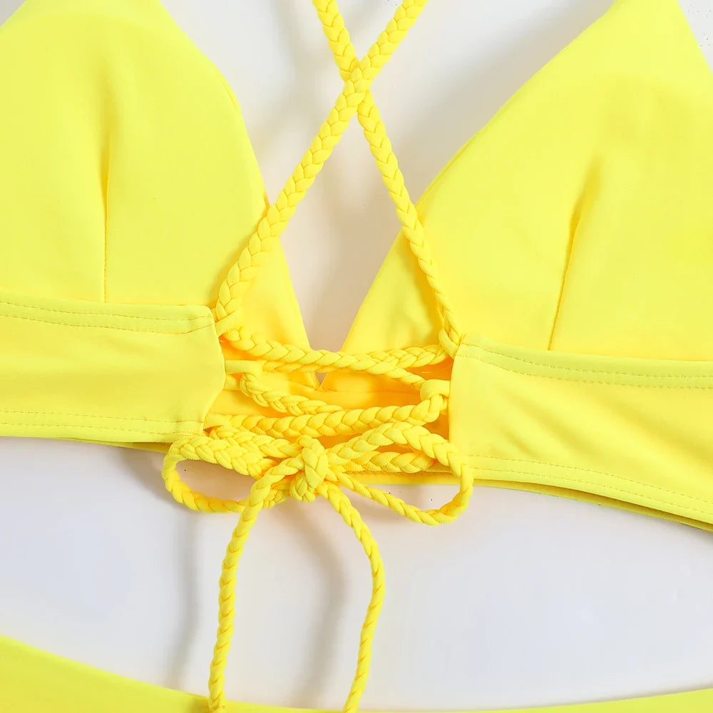 2026 V Neck Two Piece Solid Bikini Back String Women Swimwear Female Swimsuit Bathers Bathing Swimming Suit Beachwear Summer