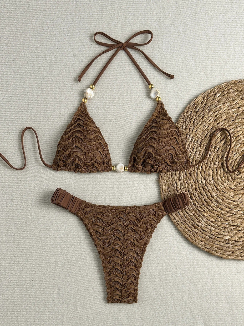 2026 Wrinkled Crinkled Halter Beads Bikini Women Swimwear Female Swimsuit Two-pieces Bikini Set Bather Bathing Suit Swim Lady