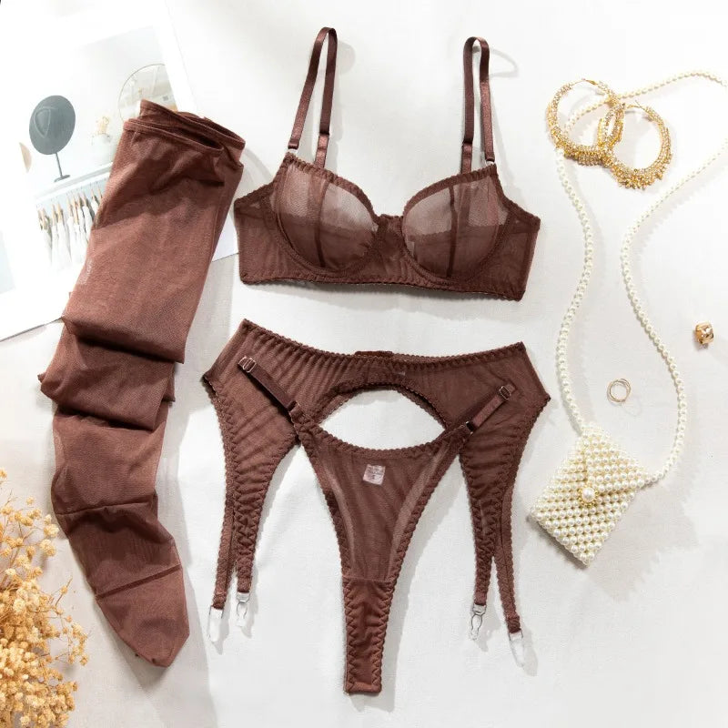 Toucheart Erotic Lingerie Comfortable Mesh Sexy Body Shaping Ultra-thin See-through Sexy Underwear Four-piece Set with Stockings