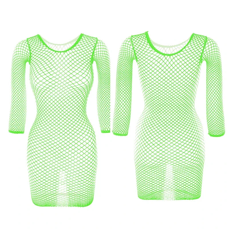 1PC Women Sexy Fishnet Beach Cover Up Long Sleeves Hollow Out Bodycon Dress See Through Summer Swimwear