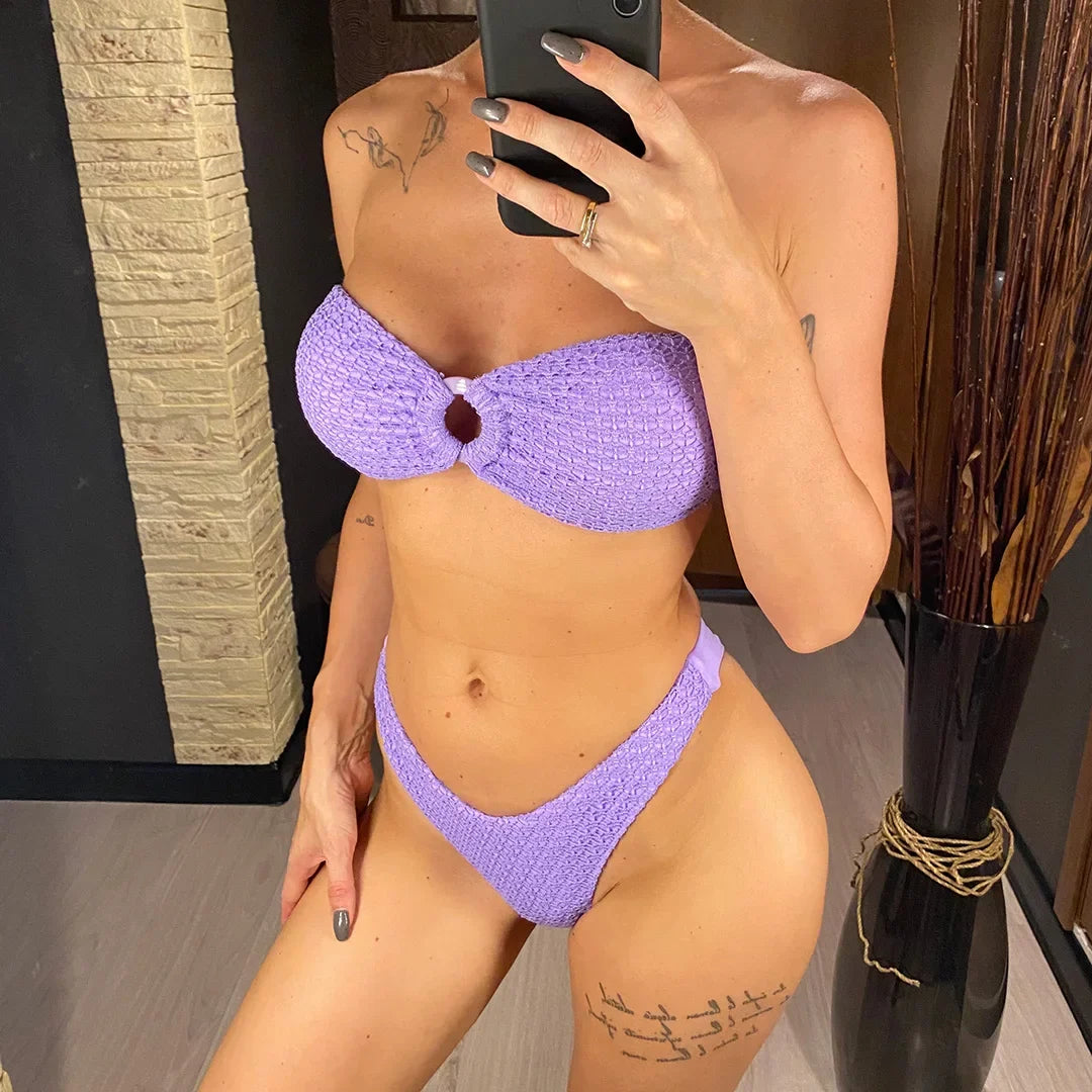 Wrinkled Bandeau High Cut Bikini Women Swimwear Female Swimsuit Two-Pieces Bikini Set Strapless Bather Bathing Suit Swim V3367