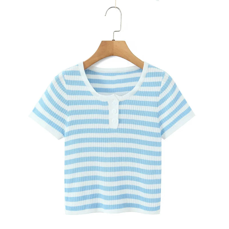 Blue And White Striped Henley Neck Knit Top Casual Short Sleeve Ribbed T Shirt For Women Summer Daily Wear Casual Fashion VGK2