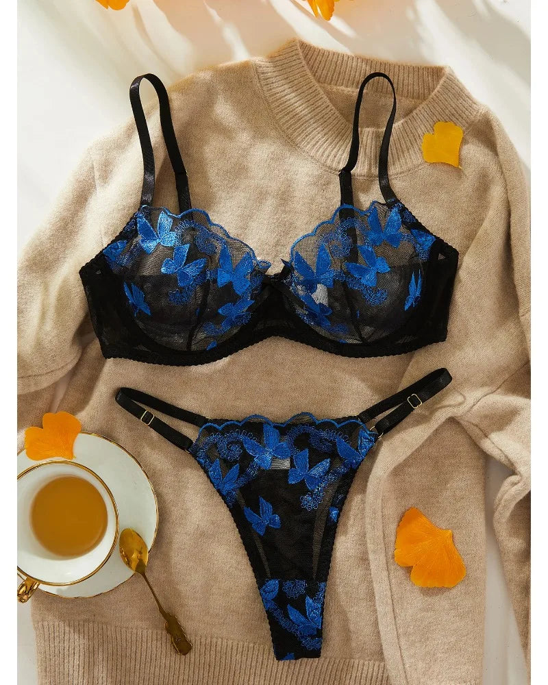 Toucheart Sexy Bra Underwear Set For Women Embroidery Butterfly Printing Patchwork Mesh Hollow Out Perspective Underwear Suit