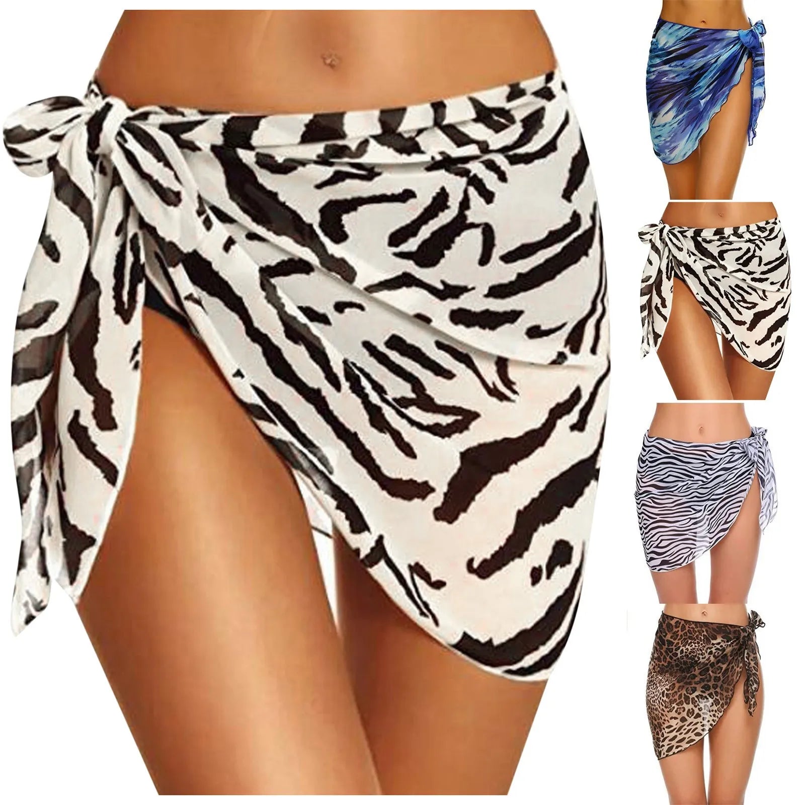 Women Sheer Wrap Cover Up Skirt Beach Wrap Bikini Leopard Print Zebra Stripes Beach Skirt For Swimwear Summer Bathing Suit