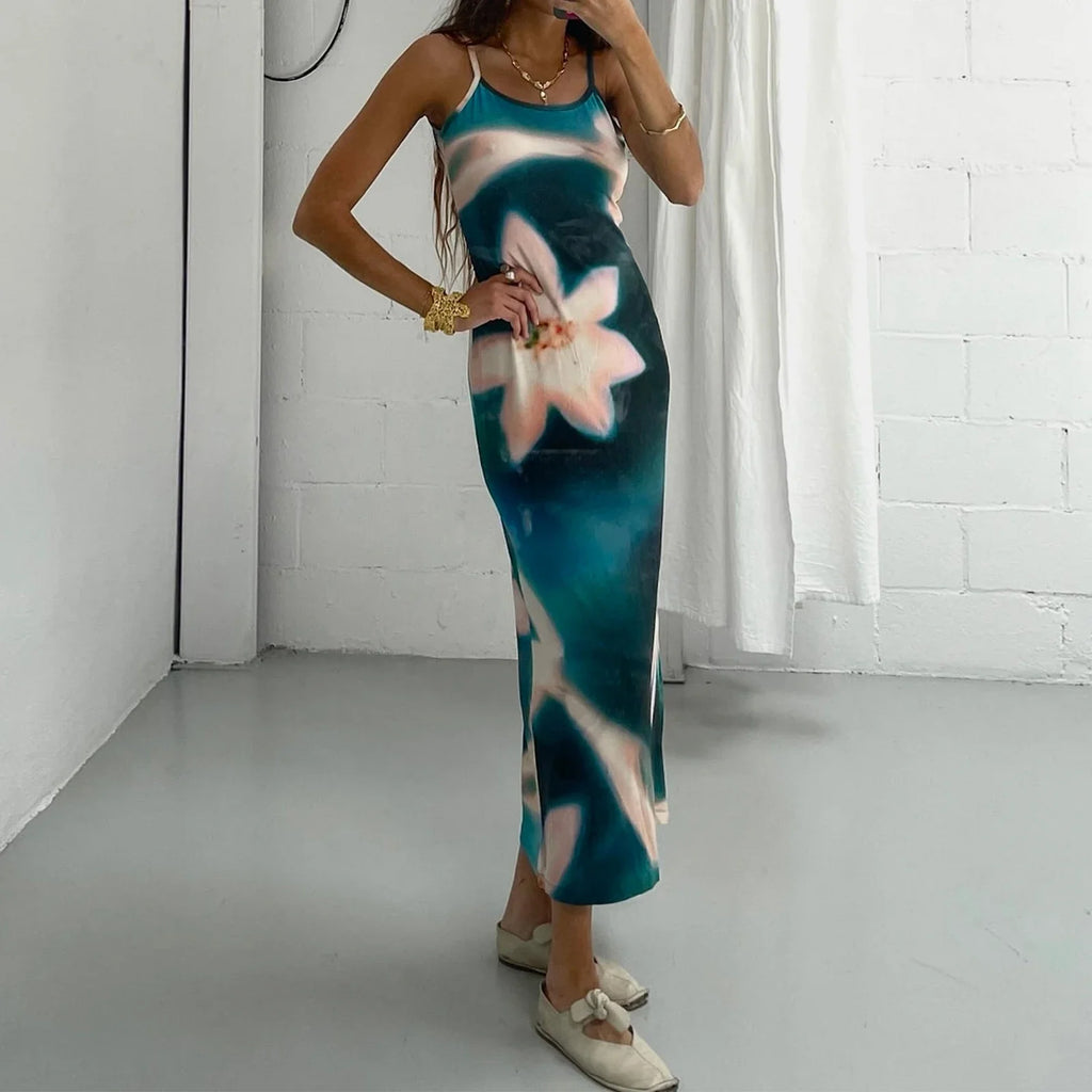 Summer Tie-Dye Floral Print Backless Party Dress Women Sleeveless Spaghetti Strap Sexy Bodycon Dress for Vacation Cocktail Beach