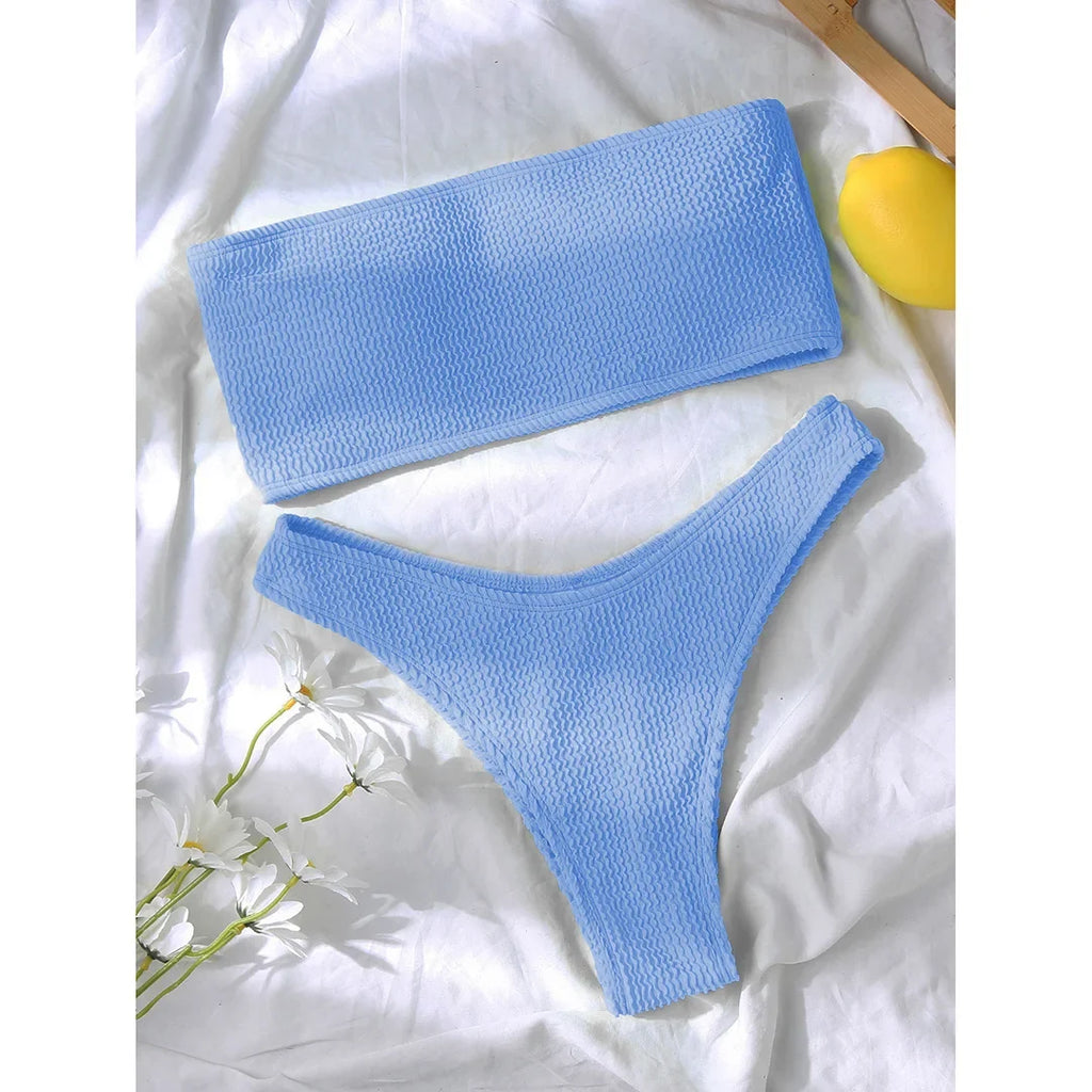 Bandeau Wrinkled Crinkled Bikini Female Swimsuit Women Swimwear Two-pieces Bikini set High Cut Bather Bathing Suit Swim V3314