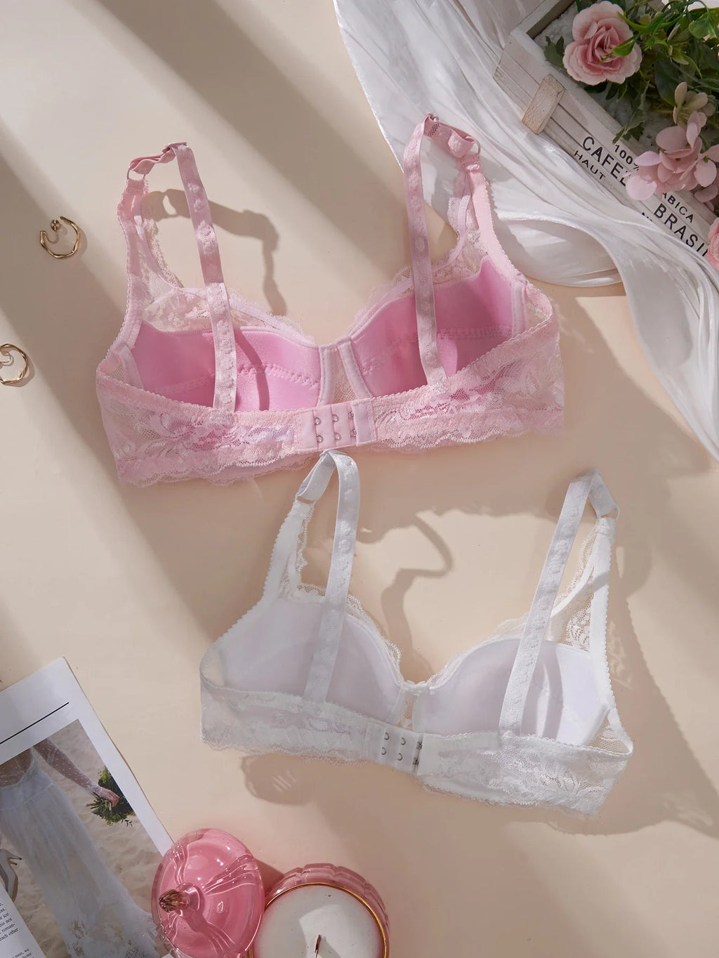 2Pcs Set Women's Sexy Bras Thin Lace Underwire Push-Up Soft Bra Adjustable Women's Underwear Set No Lining Breathable Comfortable