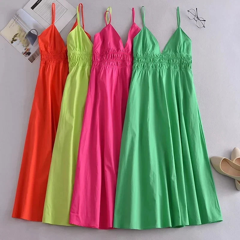 Foridol Elastic Smocking Green Cotton V Neck Summer Women's Dress Sleevless Long Green Maxi Casual Strapy Dress Solid Female