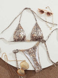 Sexy Coffee Tiger Print Micro Bikini 2026 Women Tie Side Metal Chain Thong Swimsuit Beach Push Up Bathing Suit Vacation Swimwear