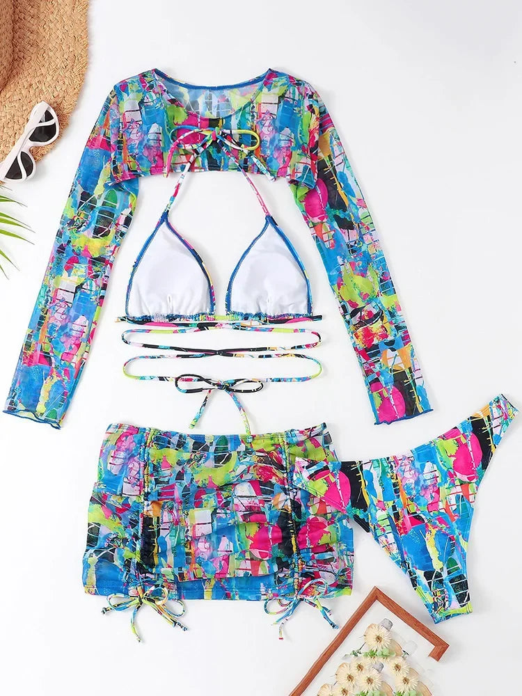 Long Sleeve Printed Halter Bikini Female Swimsuit Women Swimwear Four-pieces Bikini Set with Mesh Skirt Bathing Suit Beach Wear