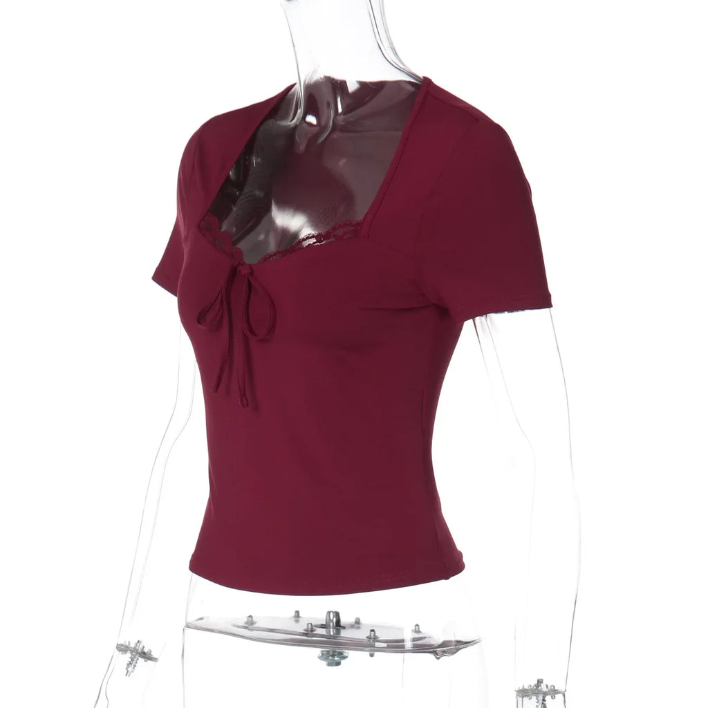 FDYOUI Women's Fashion Lace Patchwork T-shirt Streetwear Ladies Sexy Short Sleeve Bandage Tops Tees Y2K Slim Corset T Shirts