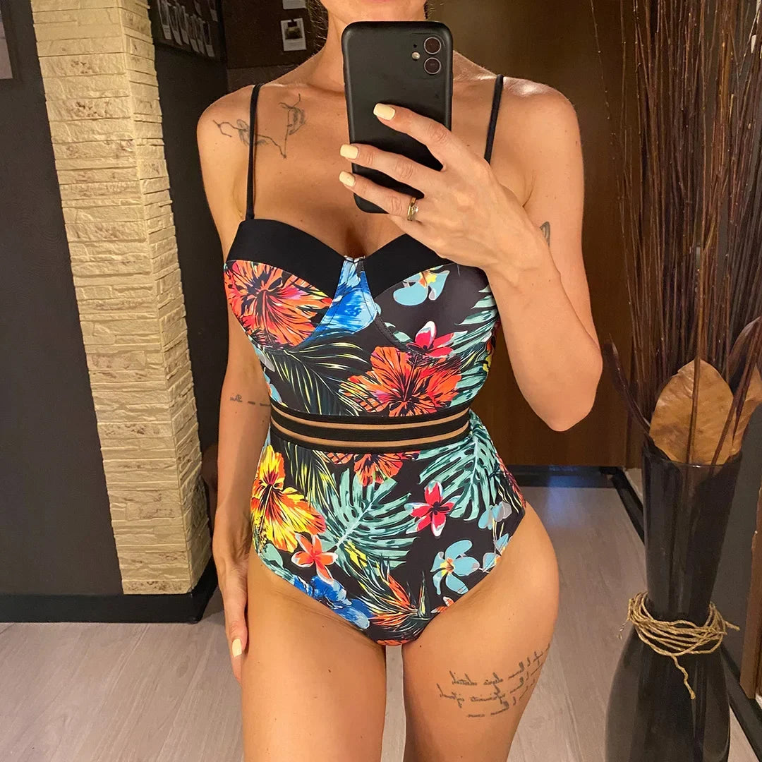 S - XL Leaves Printed Underwired With Bra Cup Women Swimwear One Piece Swimsuit Female Monokini Bather Bathing Suit Swim V5466
