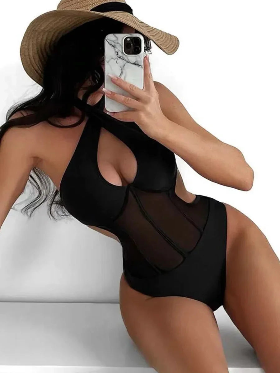 Halter Mesh Sheer Underwired One Piece Swimsuit Women Swimwear Female Backless Hollow Out Monokini High Cut Bathing Suit Swim