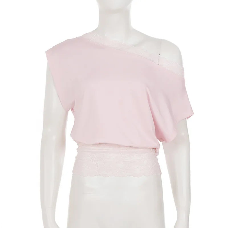 Summer T-shirt lace off-shoulder short-sleeved T-shirt waist fashion versatile top