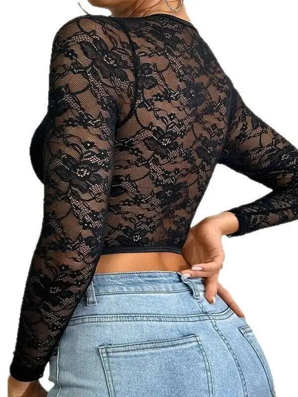 Solid Color Slim Low-Cut Tube Top Lace Mesh Patchwork Lace Sexy Hollow Out Fishbone Top Long Sleeve Vest Transparent Charm NJWG