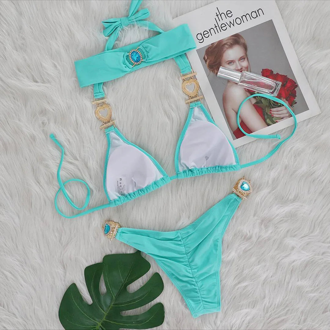 Diamond Rhinestone Bikini  Female Swimsuit Women Swimwear Two-Pieces Bikini Set With Hairbands Bather Bathing Suit Swim V3047G