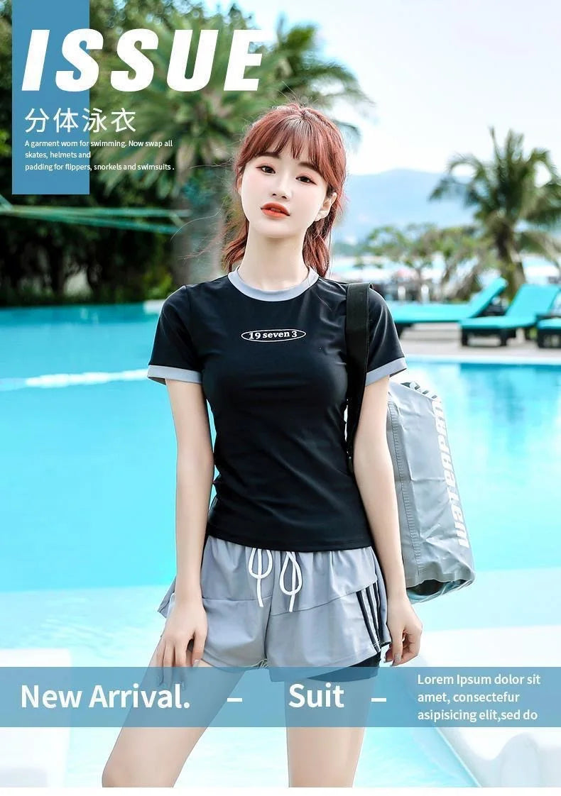 Split Swimsuit Women's Short Sleeved Conservative Cover Belly Slimming Professional Sports Sexy Hot Spring Two-piece Swimsuit