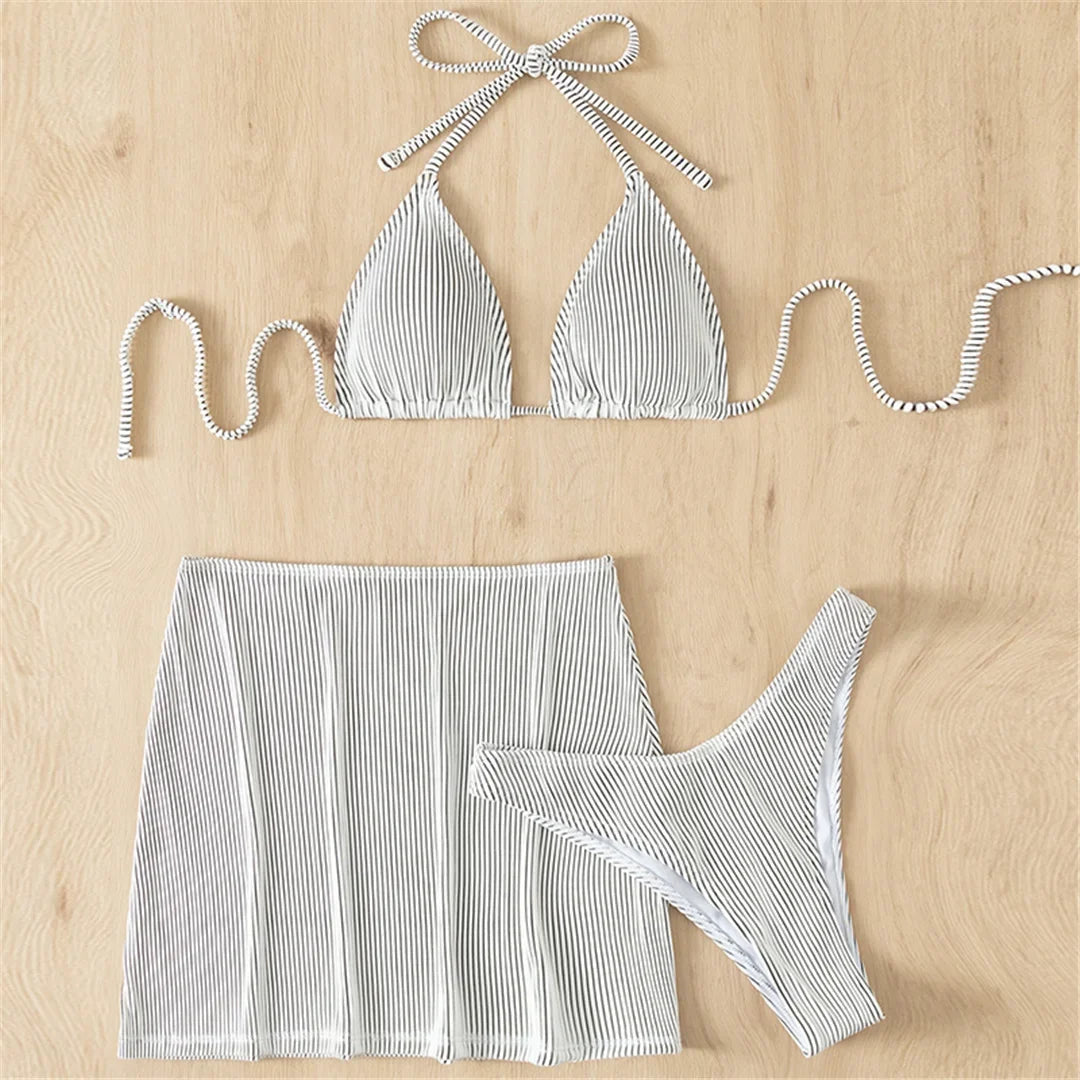 S - XL New With Skirt Ribbed Halter Bikini Female Swimsuit Women Swimwear Three-pieces Bikini set Bather Bathing Suit Swim V4351