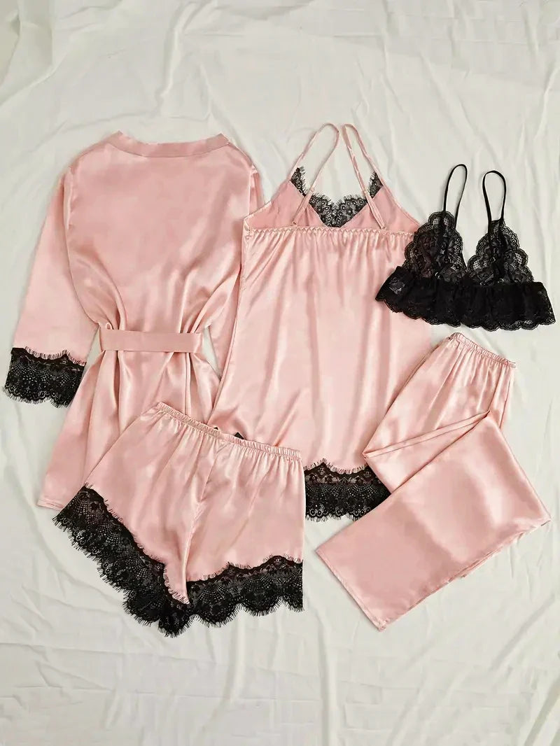 Women's Satin Sleepwear Pajama Set Pink Sexy Lingerie Bath Robe Lace Patchwork Silk Night Dress Trousers Home Clothed Nightwear