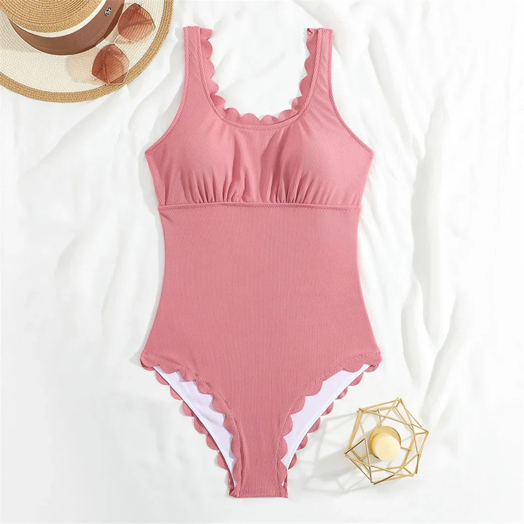 S - XXL 11 Colors Ribbed Frilled Women Swimwear One Piece Swimsuit Female Backless High Leg Cut Bather Bathing Suit Swim K7097