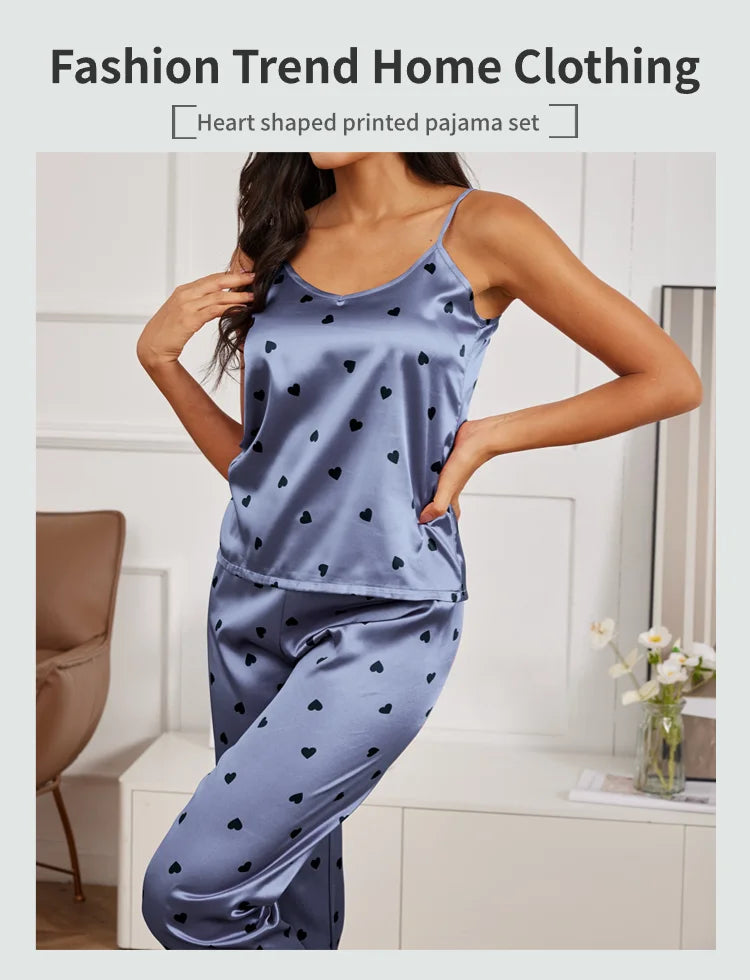 Ladies Heart Print Pajama Set Sexy V Neck Cami Top & Elastic Waistband Pants Pyjama 2 Pieces Women's Sleepwear & Loungewear Pjs