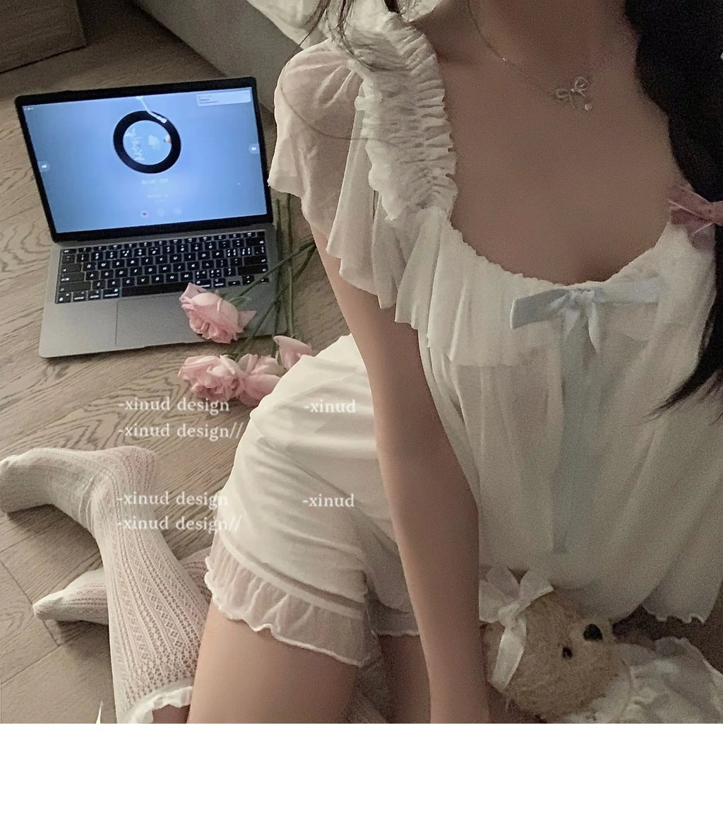 High-quality Set French Sweet Bow Strap Summer Princess Girl Style Thin Square Neck Crop Tops Pink Clothes Outfits For Women 8BH